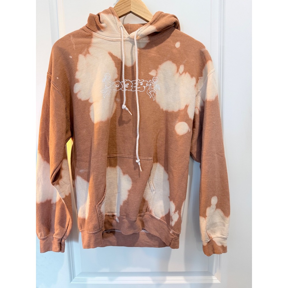 Obey Worldwide Bleach Dye Hoodie Tan Orange Cherub Barbed Wire Graphic Med Y2K